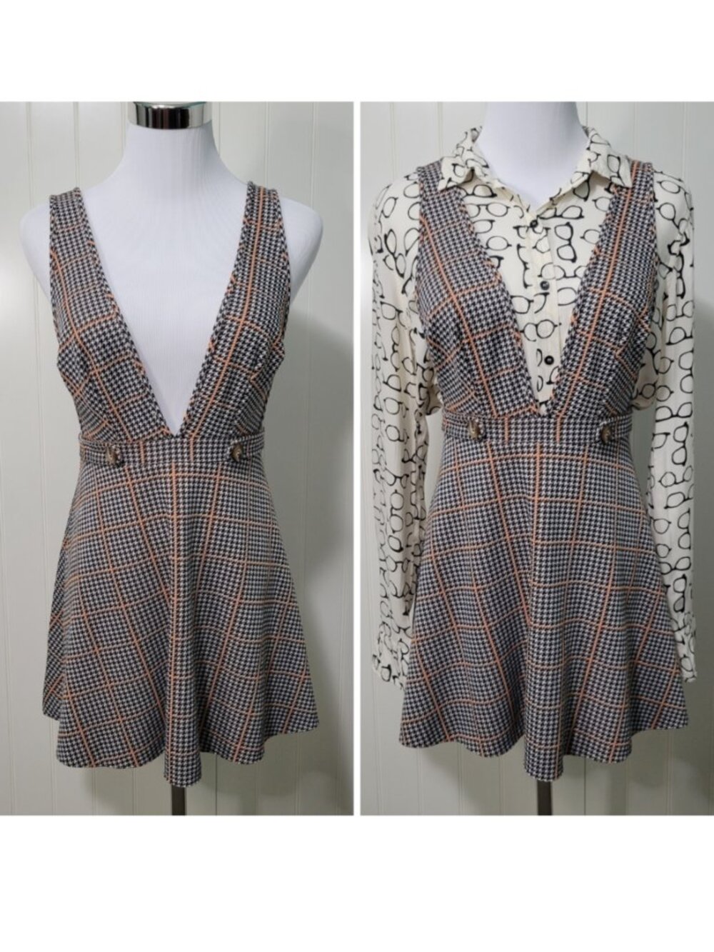 Retro Mod 60s 70s Academia Twee Plaid Black Houndstooth Pinafore Overall Dress